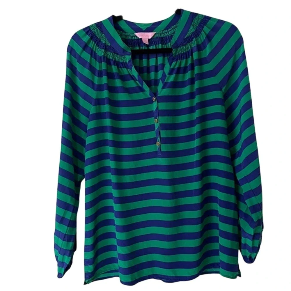 Lilly‎ Pulitzer Elsa Blouse in Emerald Green and Blue Starboard Stripe Sz S